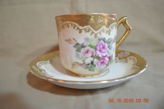 Antique Royal Crown Hand Painted Roses Moustache Shaving Mug W/ Underplate