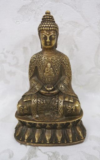 Antique Chinese Qianlong Marked Brass Buddha Statue 6.  5 " Tall