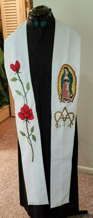 Clergy Stole Liturgical Vestment Hand Crafted White Ave Maria Roses Ooak