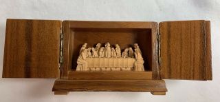 Rare Hand Carved Miniature The Last Supper In Handmade Wooden Hinged Box