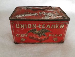 Vintage Union Leader Cut Plug Tobacco Tin Wi Handle,  Clasp Lunchbox