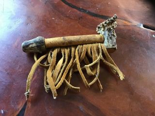 Vintage Hand Made Smoking Pipe Made From Deer Antler Souvenier Leather Fringe