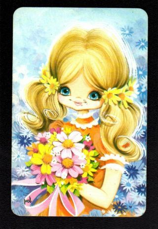 Vintage Joy Swap Card - Pretty Girl With Bouquet Of Flowers (blank Back)
