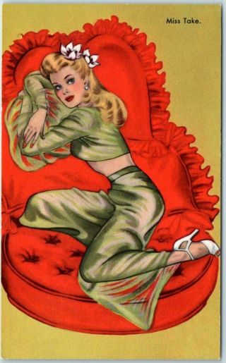 1940s Pin - Up Girl Postcard Blond Girl On Big Red Pillow " Miss Take " Eo2 Canada