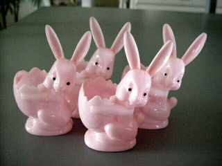 4 Vintage Pink Easter Bunny Rabbits Plastic Candy Holders