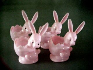 4 Vintage Pink Easter Bunny Rabbits Plastic Candy Holders 4