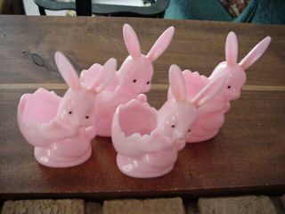 4 Vintage Pink Easter Bunny Rabbits Plastic Candy Holders 5