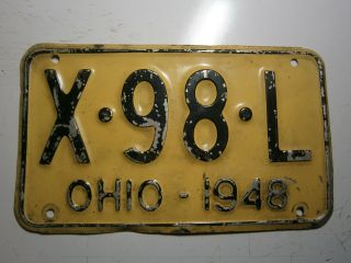 1948 Ohio License Plate Number X 98 L.  4 Digit 10 Inch Plate.  Flat Aluminum