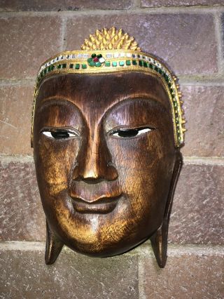 Vintage Wooden Hand Carved Wall Mask Hanging Serene Buddha Head Statue Sculpture