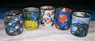 5 Vintage Kutani Japan Handpainted Sake Cups Glazed W/box 2 " Tall