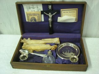 Catholic Last Rites Sick Call Box Crucifix Holy Water Bottle Candle Walnut Box