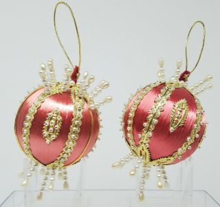 Vintage Silk/satin Pink & Gold Handmade Pin And Beaded Christmas Tree Ornaments