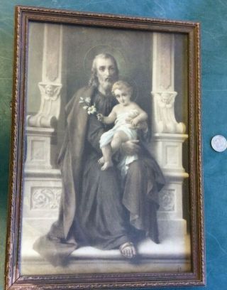 Vintage Antique Hand Tinted Photo Of St Joseph & Child Statue