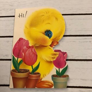Vintage Greeting Card Easter Hi Duck Pink Tulips Norcross