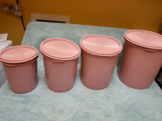 Vtg Tupperware Servalier 4 Kitchen Canister Set Lids Mauve Pink Dusty Rose 70s