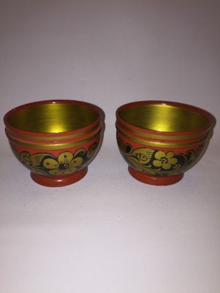 Vintage Soviet Russian Khokhloma Wooden Hand Painted Laquerware Bowls