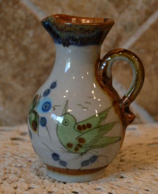 Precious 4 1/2 " Pitcher Made In Mexico Signed Ke Nicely Decorated Bird Butterfly