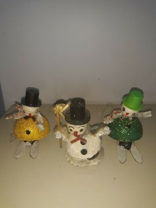 Vtg 3 Christmas Snowmen Spun Cotton Top Hats Cardboard Putz Japan