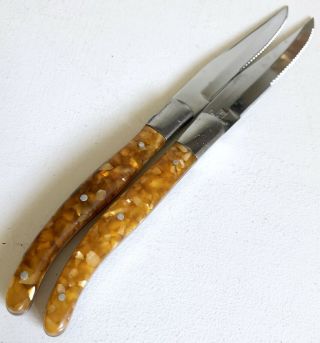 Fortessa Steak Knife Pair 2 Lucite Confetti Handles Amber Vtg Mid Century