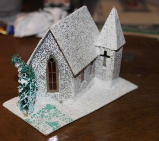 Vintage Christmas Village Cardboard Paper Putz Houses And Church Japan