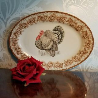 Transferware Turkey Thanksgiving Oval Serving Platter Gooseberry Patch 13 3/4 "
