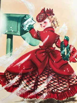 Girl Lady Fancy Red Dress Hat Mailbox Swirls Of Glitter Snow Christmas Vtg Card
