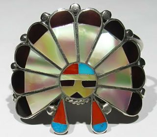 Large Old Signed Zuni 925 Silver Rainbow Mother Pearl Turquoise Sunface Bracelet