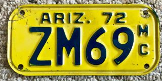 1972 Arizona Motorcycle License Plate,  Zm69,  Yellow/blue