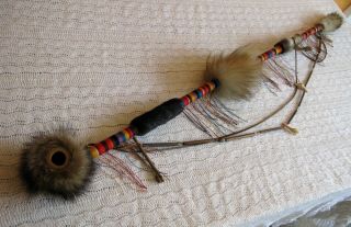 Real Native American Peace Pipe With Fur Paw,  Teeth,  Beading,  And Fringe