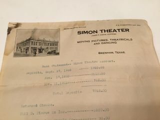 Vintage Simon Theater,  Brenham,  Texas1925 Letter,  Bank Statement,  Old Paper