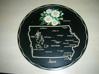 Vintage Iowa Souvenir Round Black Metal Tin Tray Map & State Flower