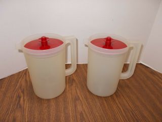 2 Tupperware 2 1/2 Qt Pitcher Push Button Lid Clear With Red Top 1676