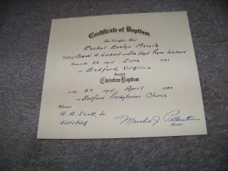 1947 Certificate Of Baptism Bedford Presbyterian Church Marshall J.  Pilkenton Va