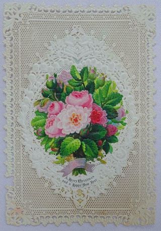 Victorian Paper Lace Antique Greeting Card Christmas Printed Flowers Goodall