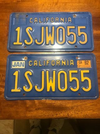 Vintage Pair California Metal License Plates 92 297m Blue - Gold Id Tags