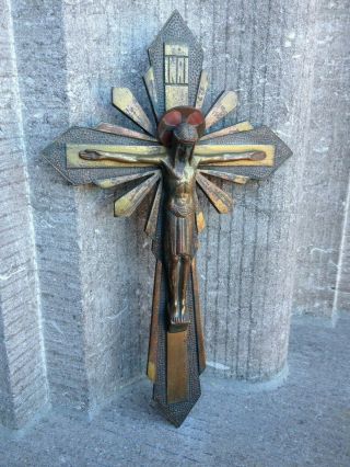 Antique Vintage Art Deco Priests Nun Bronze Wall Cross Crucifix Jesus Corpus.