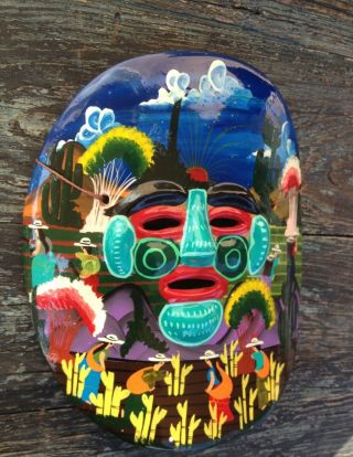 Colorful Ethnic Mexican Red Clay Mask,  Hand Painted Folk Art Design Wall Hanging