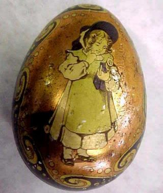 Antique Tin Litho Easter Egg - Candy Container - Girl Holding Doll - German