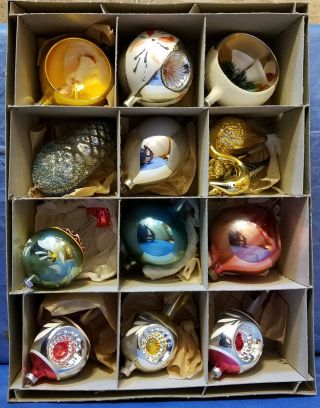 Rare Vintage Shiny Brite Box With Assortment Of Ornaments