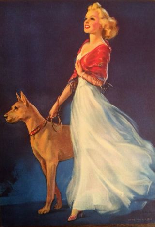 Vintage Jules Erbit Calendar Art Blonde Woman Evening Stroll With Great Dane