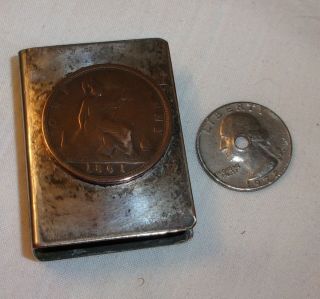 Vintage Match Box Holder With 1861 Penny Great Britain