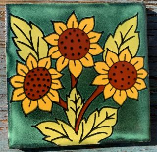 10 Talavera Mexican Pottery Tile 4 " Golden Sunflower Green Trio Flowers Rust