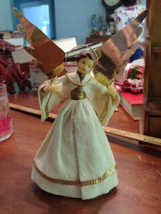 Vintage German Wax Angel Tree Topper 10 " Holding Candle Holders Christmas