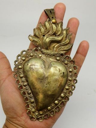 ANTIQUE Sacred Heart Jesus Ex Voto MIRACLE 9 GRAMS STERLING SILVER 925 BIG F - 21 3