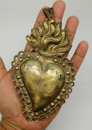 ANTIQUE Sacred Heart Jesus Ex Voto MIRACLE 9 GRAMS STERLING SILVER 925 BIG F - 21 4