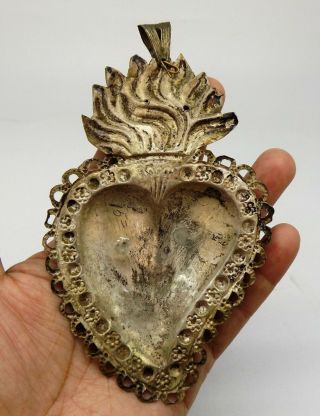 ANTIQUE Sacred Heart Jesus Ex Voto MIRACLE 9 GRAMS STERLING SILVER 925 BIG F - 21 5