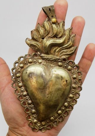 ANTIQUE Sacred Heart Jesus Ex Voto MIRACLE 9 GRAMS STERLING SILVER 925 BIG F - 21 6