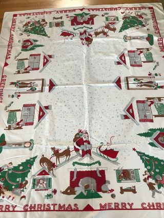 Vintage Merry Christmas Tablecloth Santa In Sleigh Reindeer Rooftop Children
