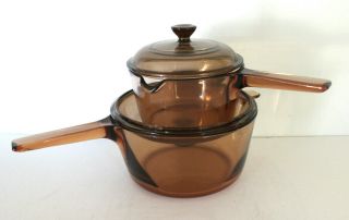 4 Pc Vision Corning Ware Pyrex Amber Glass Cookware 1 L & 2.  5 L Pots Lids France