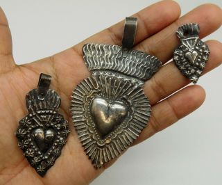 Antique Sacred Heart Jesus Ex Voto 3 Miracle 10.  8 Grams Sterling Silver 925 F - 9